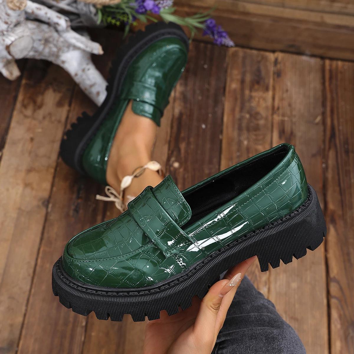 

Туфли-оксфорды из цельной кожи для женщин, модные женские туфли без застежек, туфли на квадратном среднем каблуке, туфли на платформе, женские мокасины больших размеров 41 зелёный