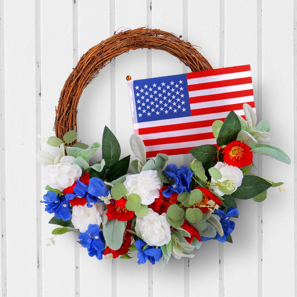 Independence Day Red And Blue Small Flower Wreath Window Wall Hanging Holiday Simulation Flower Deadwood Rattan Wreath Door Hanging