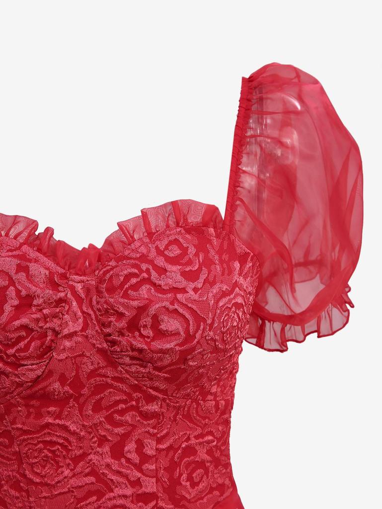 Rosegal Gothic Puff Sleeves Rose Flower Jacquard Organze Layered A Line Dress