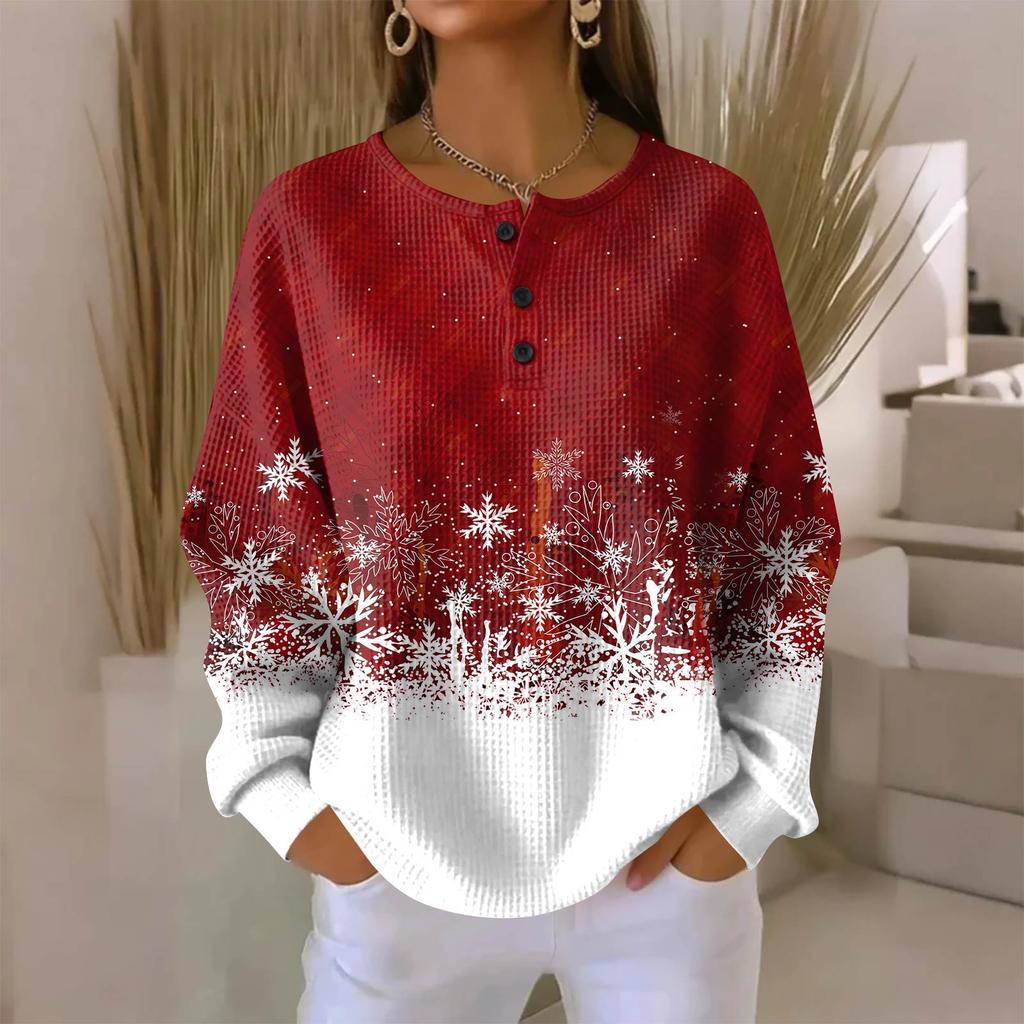 Women's Fashionable Casual Christmas Print V-Neck Long-Sleeved Button-Down Blouse