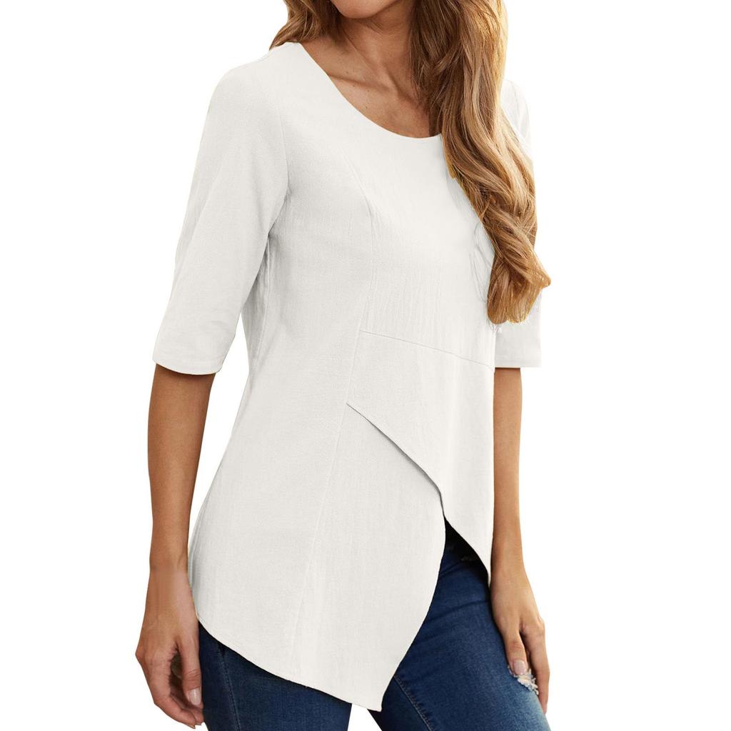 Europäisches & Amerikanisches Damen Unregelmäßiges Mittellanges Baumwoll-Leinen Schlankes Pullover-Oberteil