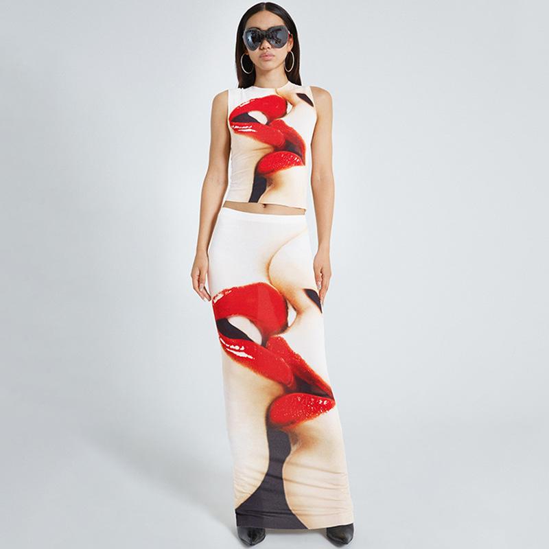 Ästhetische Lippen Drucken Sexy Zwei Stück Set Frauen Oansatz Ärmelloses Tank Top + low Rise Maxi Rock Sets Y2k Streetwear