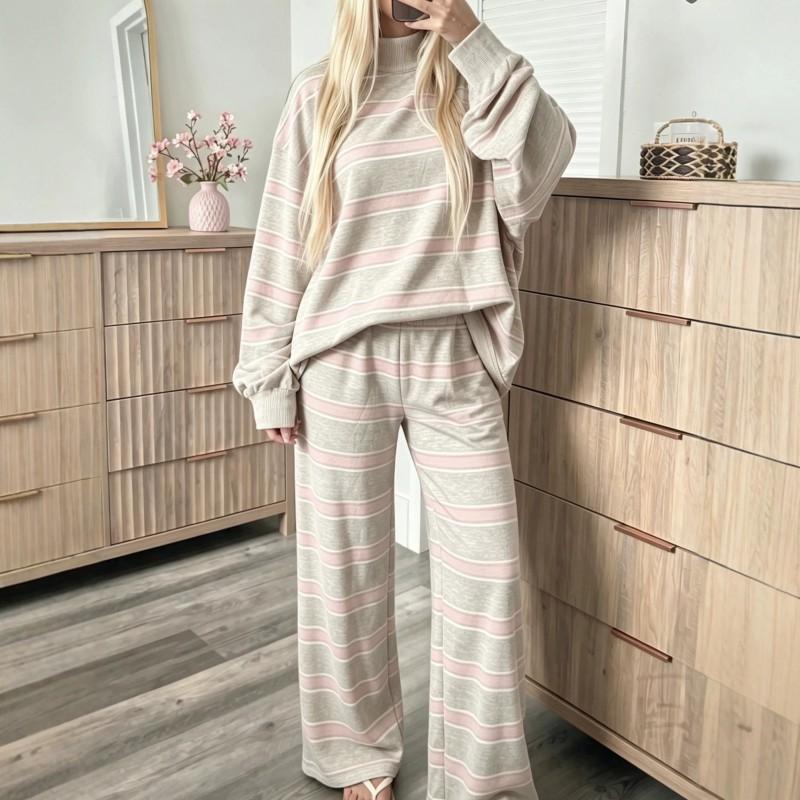 2026 Womens Striped Print Casual Two-Piece Set Long Sleeve T-Shirt Pants Comfort Fit Korean Style