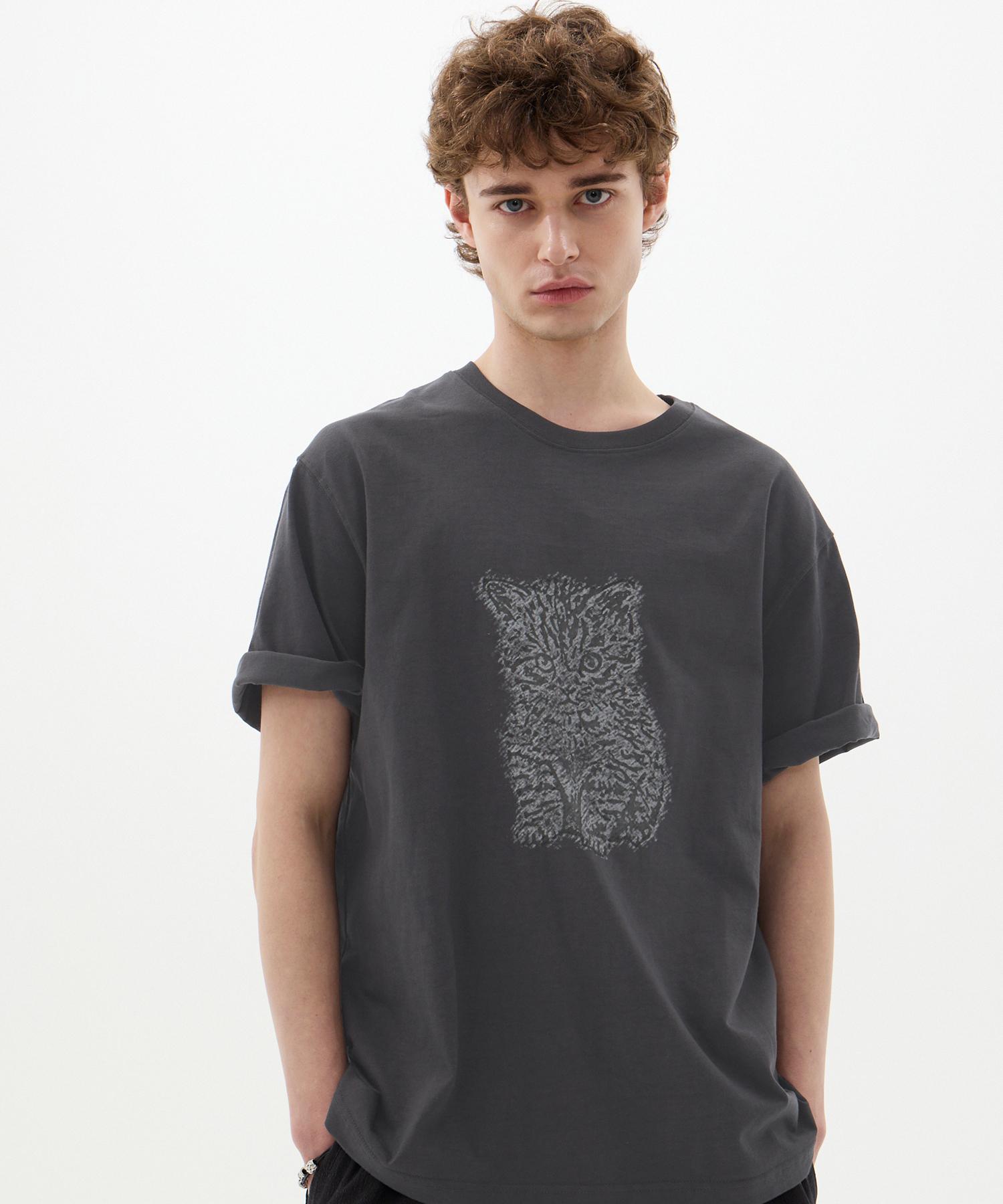 Le Ab Night Kitten Print Pigment T-Shirt Charcoal Charcoal/M