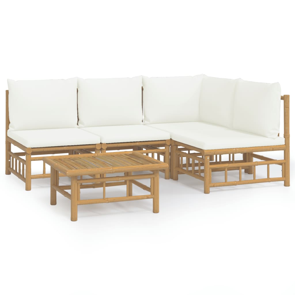 5 Piece Garden Lounge Set with Cream White Cushions Bamboo Brown
