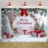 2D Flat Christmas Background Cloth, Red Bow & Snowy Tree Scene Backdrop with "Merry Christmas" Text