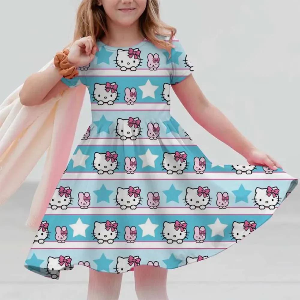 New Summer Dress Fashion Cartoon Cute Hello Kitty 3D Print Dresses Kids Short Sleeve Princess Girls Party Children Clothes