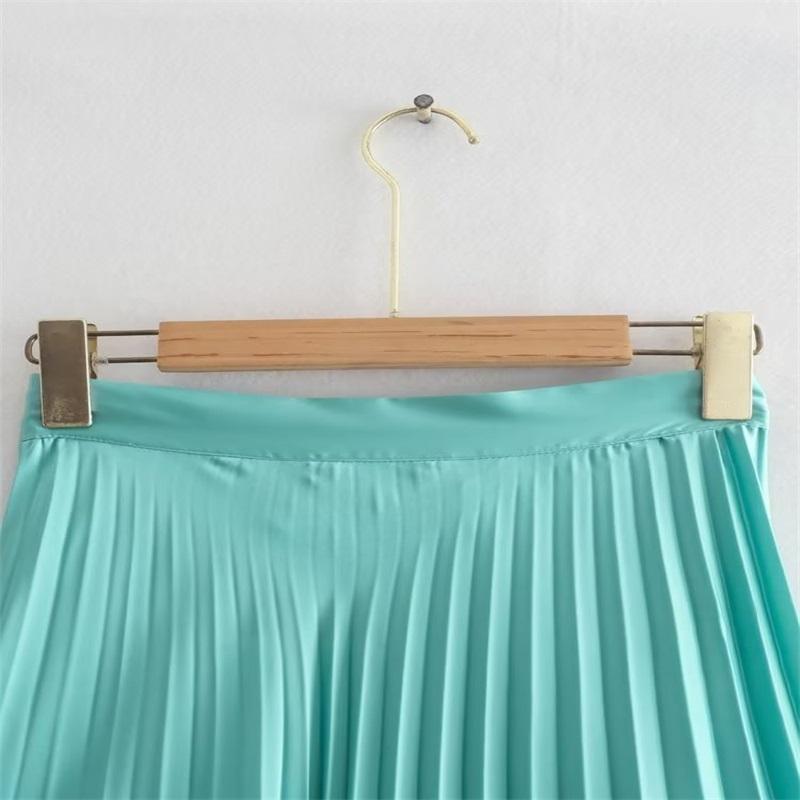 Women Fashion Solid Color Pleated Satin Midi Skirt Vintage High Waist Zipper Loose Female Skirts Streetwear