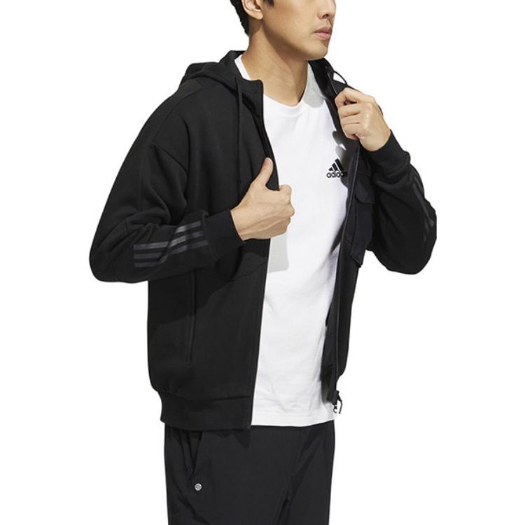 Adidas Solid Color Logo Print Sports Hoodie with Large Pocket Men Outerwear Black HN9031