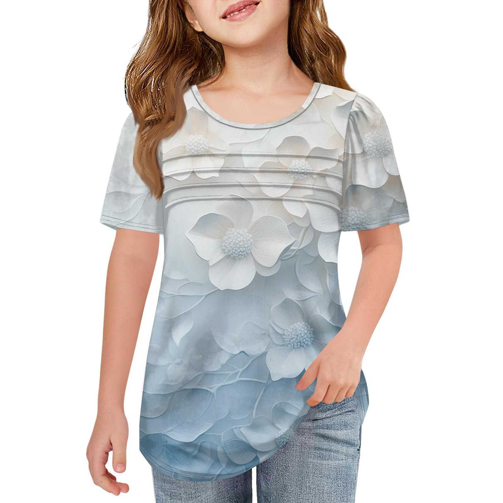 

Children Fold T-shirts Short-sleeved Summer Round Collar T-shirt Printing Flowers Leisure Coat 110