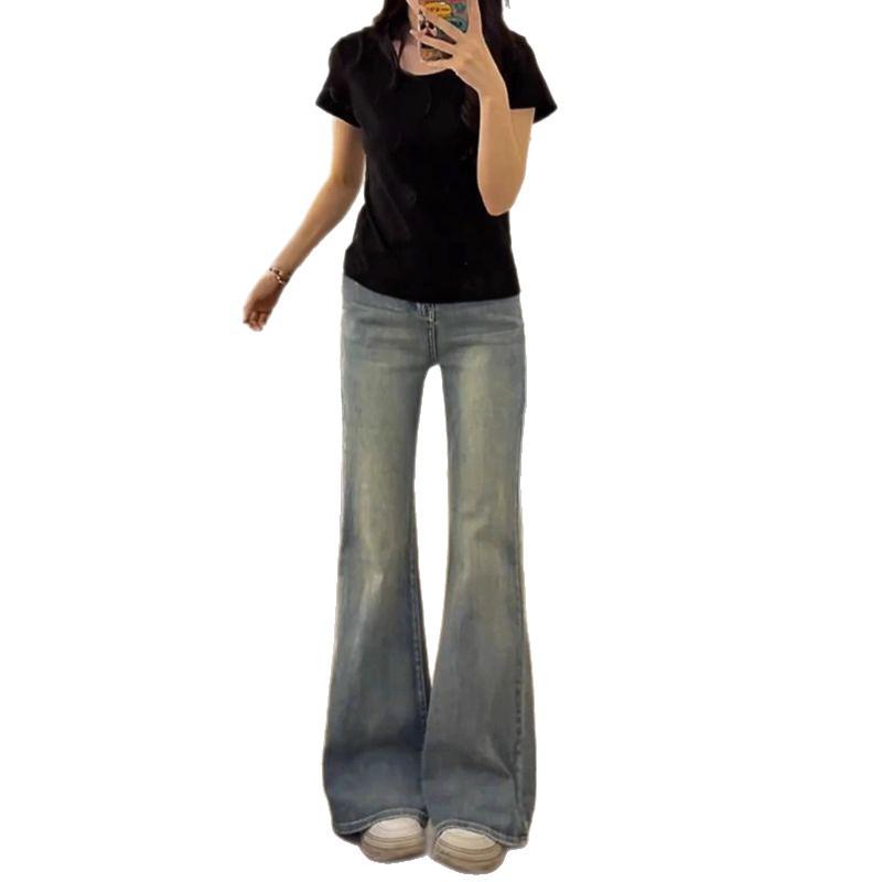 Women's Plus Size Light Micro-Flare Jeans, Autumn Slimming Style for Pear-Shaped Figures, Hip-Covering Elastic Fit
