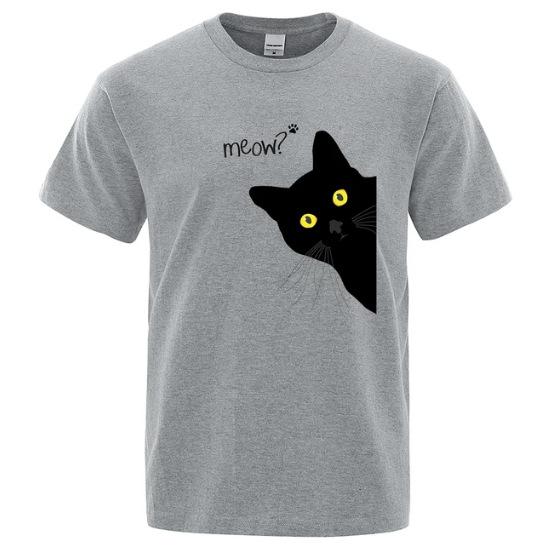 Meow Black Cat Funny Cotton Printed Unisexs and Womens Personalized Tshirt New Fashionable Loose Casual Round Neck Tshirt