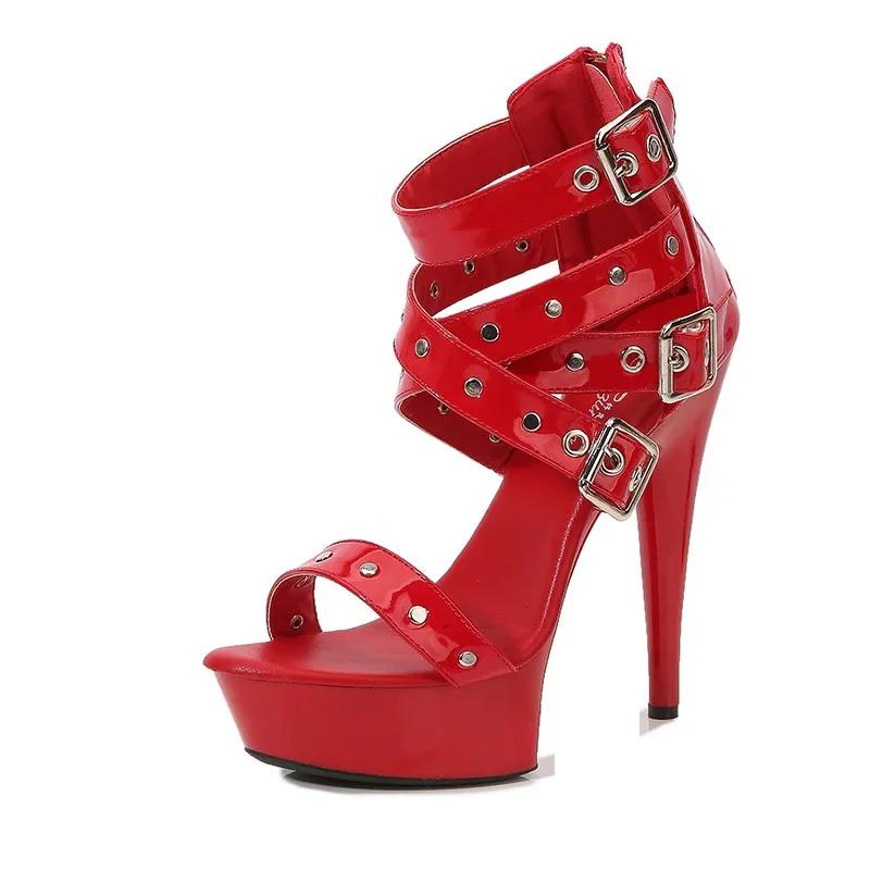 Voesnees Chic High Belt Buckle Sandals 14CM Women Zipper Wedding Shoes 2024 Summer Square Heel Platform Lady Party Models Shoes