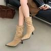 Suede Pointed Toe Stiletto Ankle Boots with Buckle - Women's Mid-Calf Ruched Skinny Heels