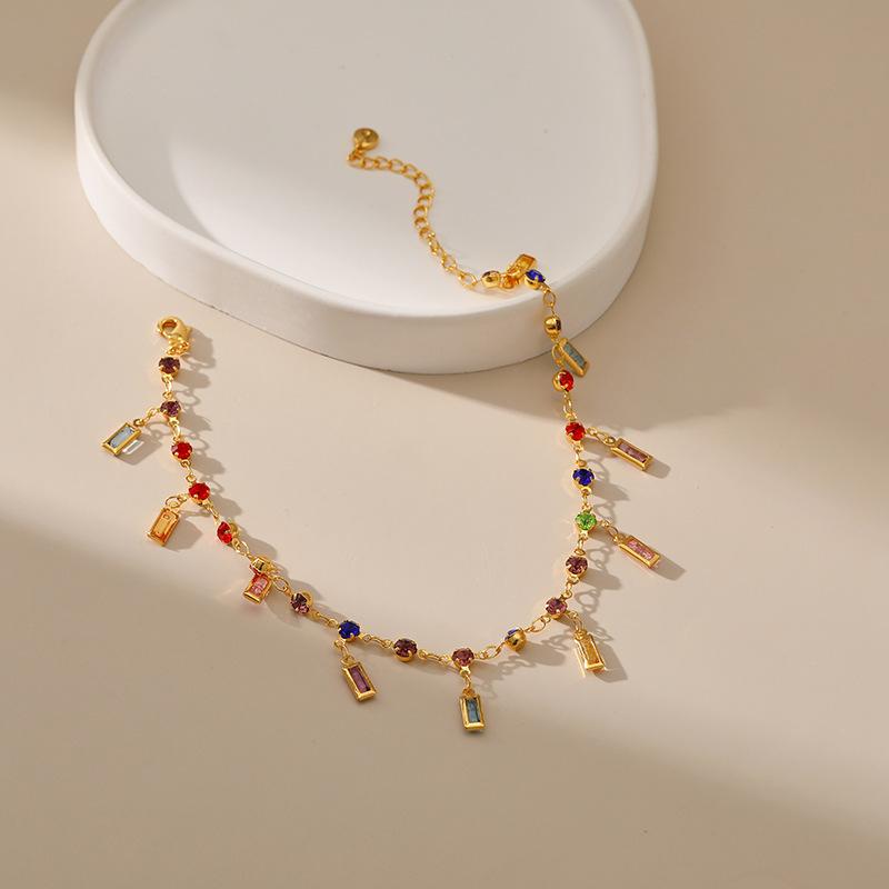 Gold Plated Multi-Color CZ Charm Anklet With Extension Chain