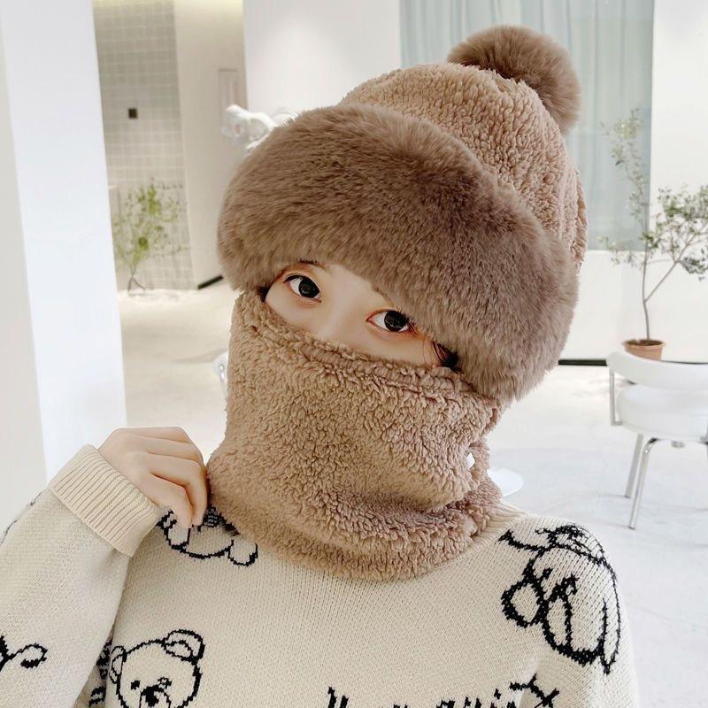 

Зимний простой новый стиль утолщенный теплый плюшевый шарф все в одном шарф с капюшоном три в одном милая шапка с лисьими ушками женская лыжная маска с капюшоном кофейный