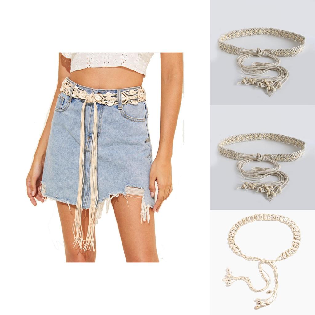 Bohemian Leather Shell Waist Band For Women With Wide Woven Cord And Versatile Style