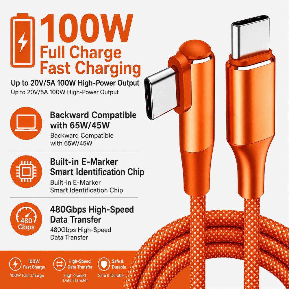 PD 100W USB Type-C Cable 20V 5A USB-C Data Cord Fast Charging Cable  for Laptop Phone Tablet