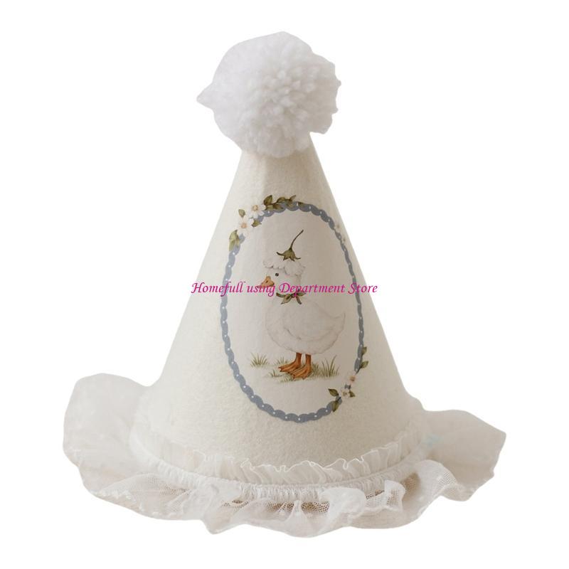 Fun Pompoms Celebration Hat Duckling/Flower Embroidery Elastic For Birthday Event Hat