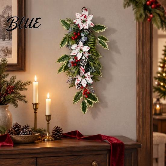 Holiday Soft Furnishing Wreath with Artificial Holly Teardrop Swag Pendant Christmas Leaves Swag Pinecones Party