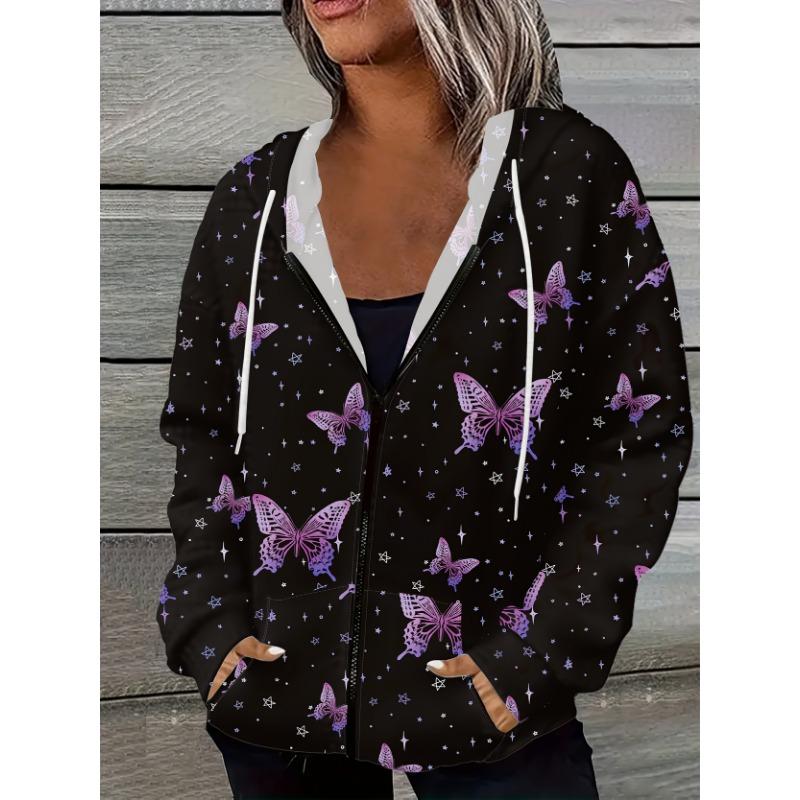 Printed Design Casual Style Purple Butterflies Stars Pattern Print Ladies' Casual Jacket
