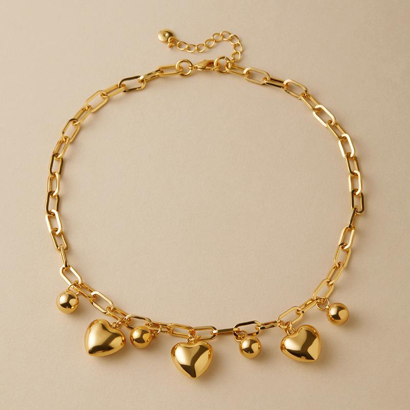 Gold Plated Chunky Paperclip Chain 3D Heart & Ball Charm Choker Necklace