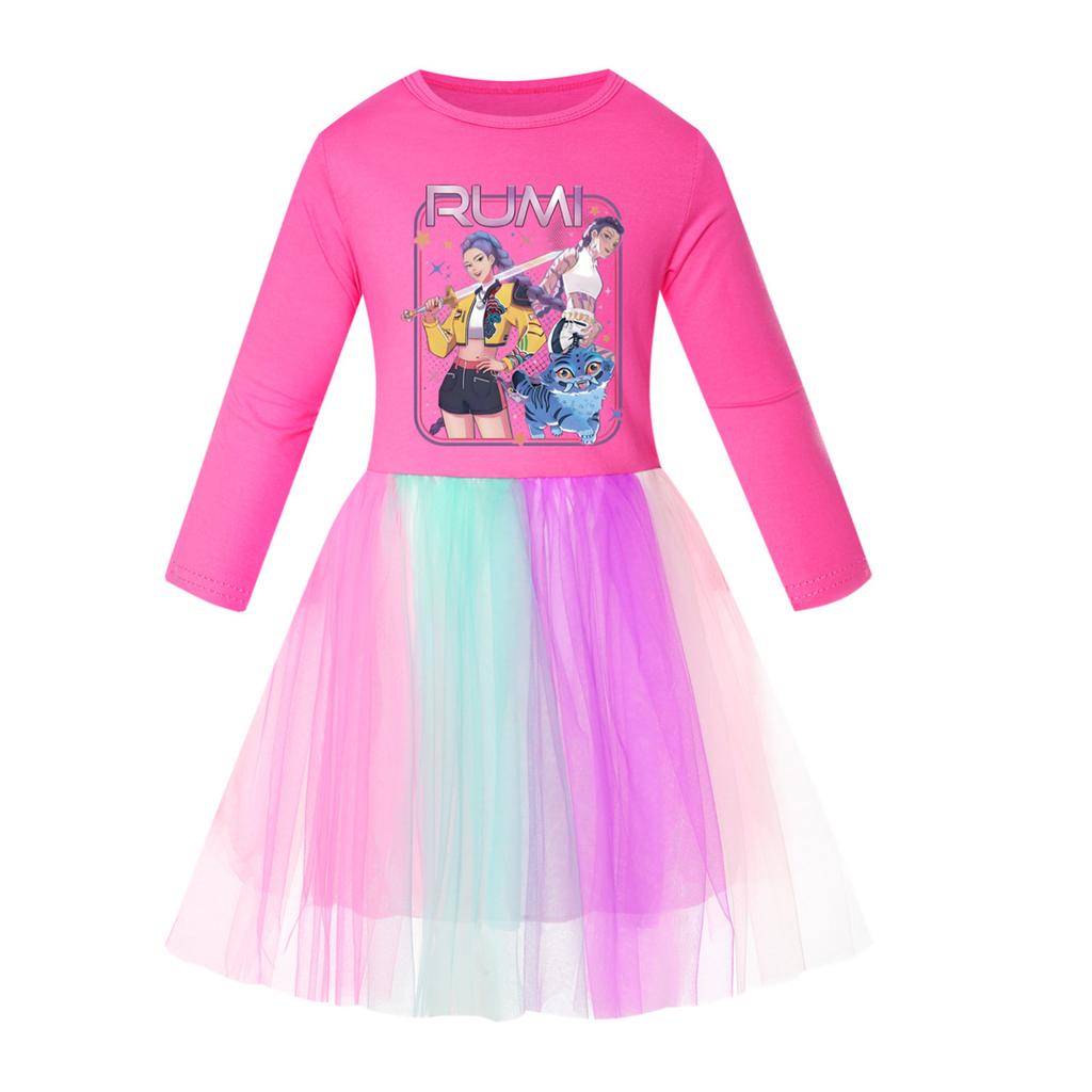 Girls' Star-Print Skirt Round-Neck Long-Sleeve Colorful Lace Patchwork Dress