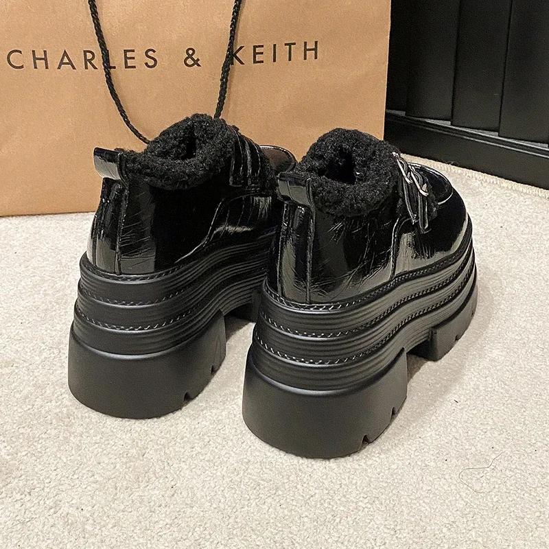 Fashion Women's Leather Platform Sneakers Autumn Winter Warm Plush Buckle Snow Shoes Thick Sole 10CM Heels Cotton Shoes Zapatos Mujer