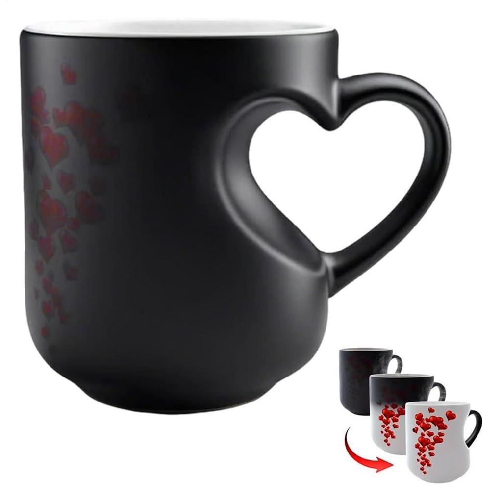 Color Change Mug with Heart Shape Handle, Coffee Milk Juice Cup Ceramic Heat Activated Mug, Creative Romantic Birthday Gifts