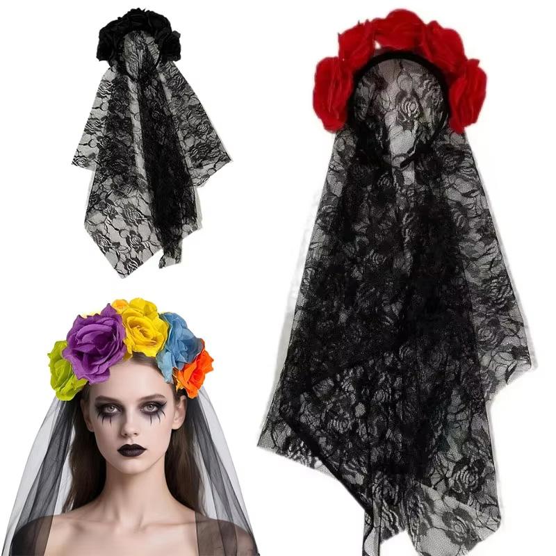 1PC Halloween Simulation Flower Cosplay Prop For Women Girls Headwear Costume Cosplay Rose Headband Lace with Black Veil