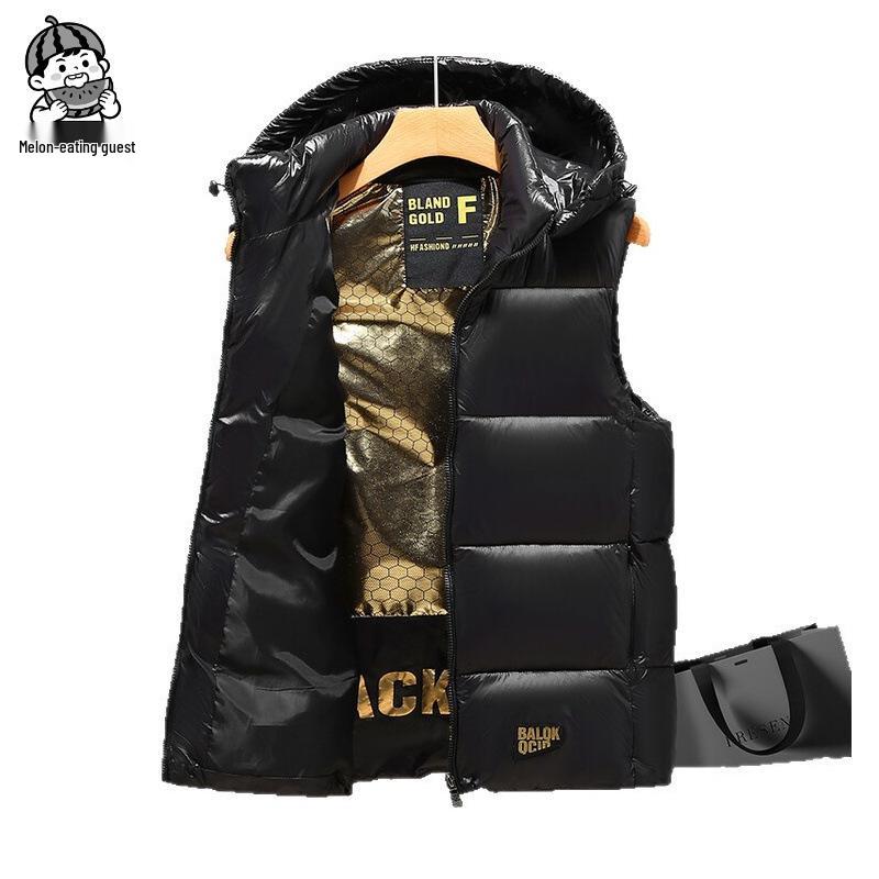 Men's Black and Gold Hooded Winter Down Cotton Gilet Vest