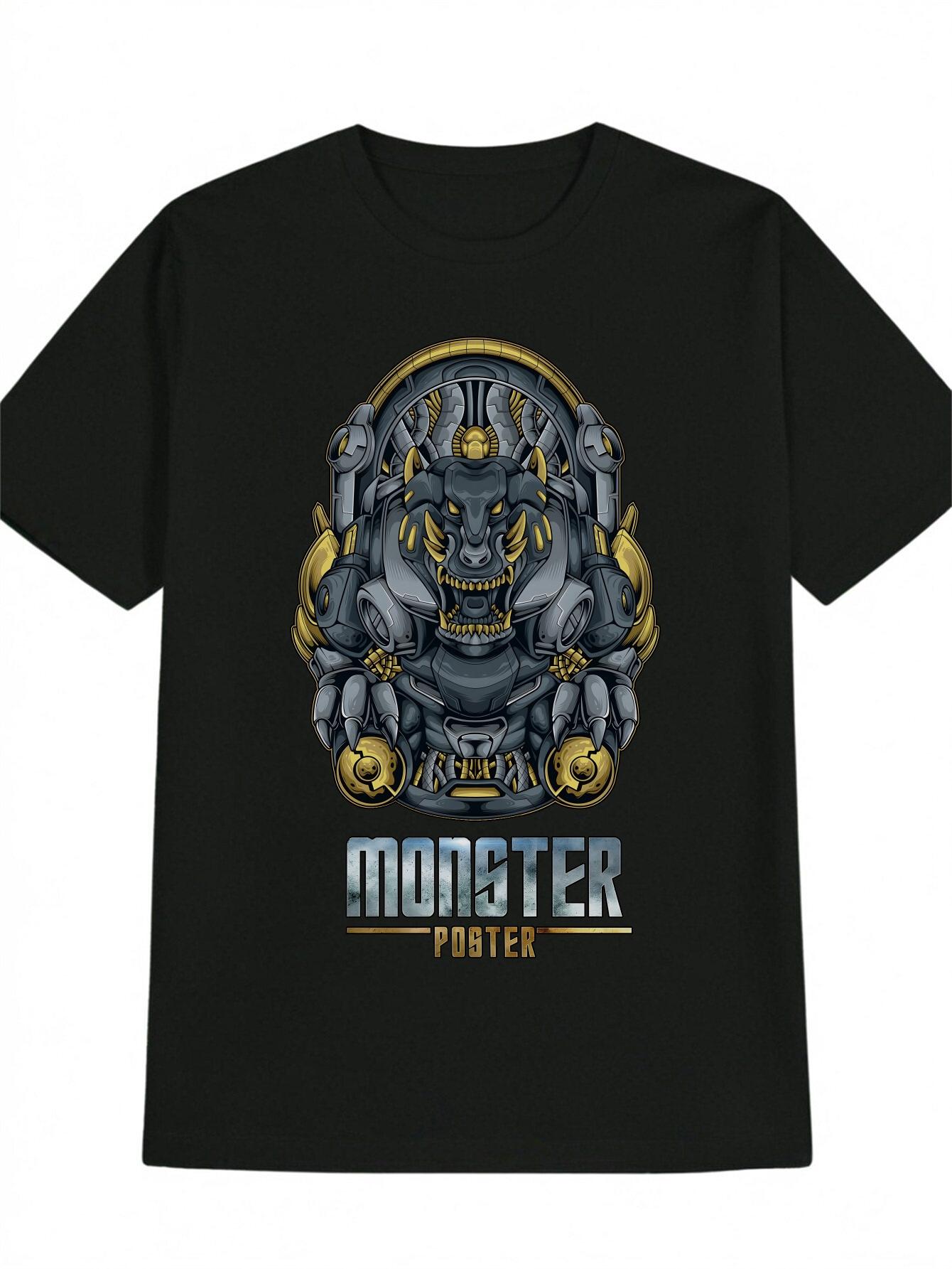Casual Round Neck T-shirt with Mechanical Monster Head Graphic - Bold MONSTER Print XXXL