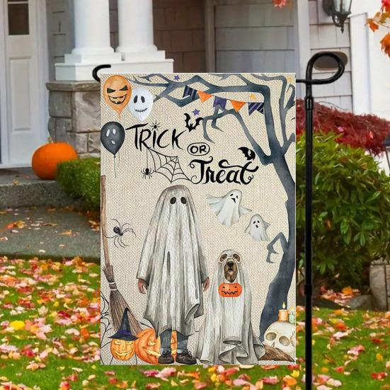 Flaga ogrodowa na Halloween, dynia, duch, szkielet, kot, flaga zewnętrzna, dwustronna, świąteczna