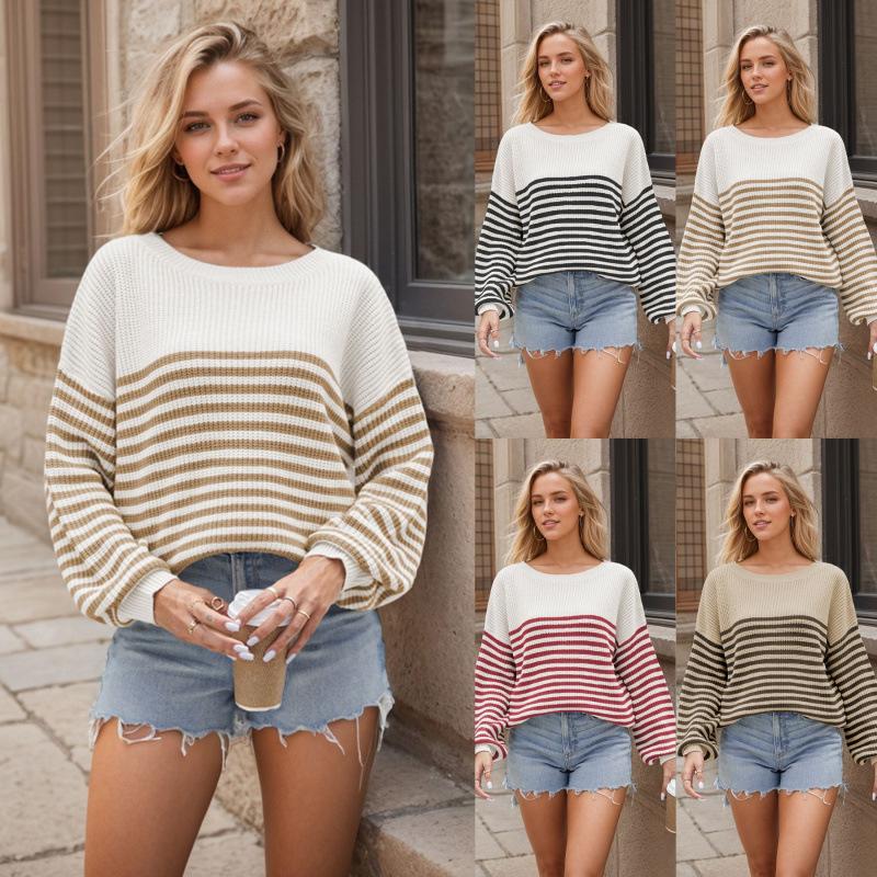 Ladies Autumn Winter Long Sleeve Round Collar Striped Pullover Knitted Sweater Knitwear Top
