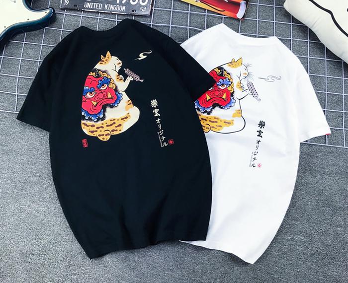 Japanese Trendy Brand Prajna Lucky Cat Tattoo Tattoo Printed Locomotive Short-sleeved T-shirt Men's and Women's Pure Cotton