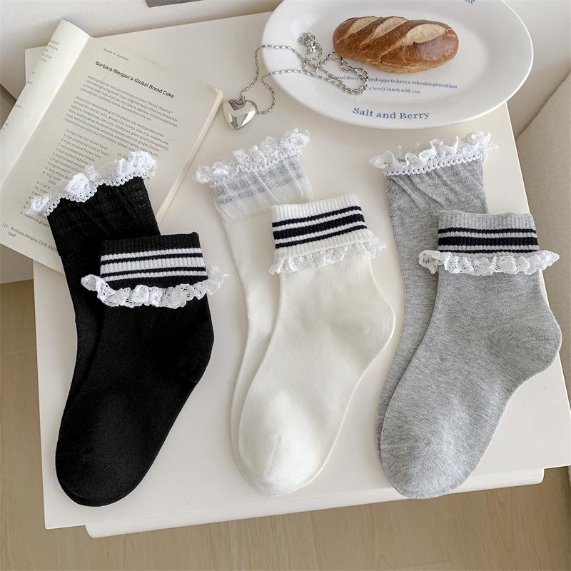 American European Style Lace Cuffed Striped Socks Women'S Early Autumn Lace Sweet Internet Celebrity Middle Tube Pile Socks