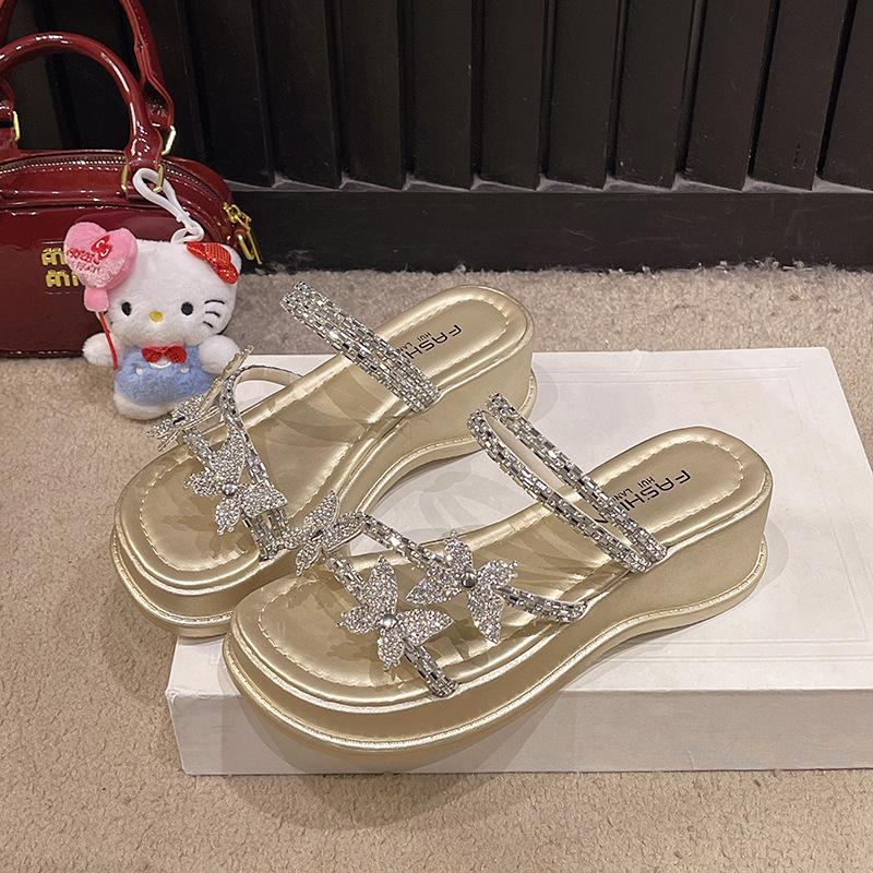 2025 Summer New High-end Slippers Wear Rhinestones Fashion Fairy Style with Skirt Muffin Thick-bottomed Sandals