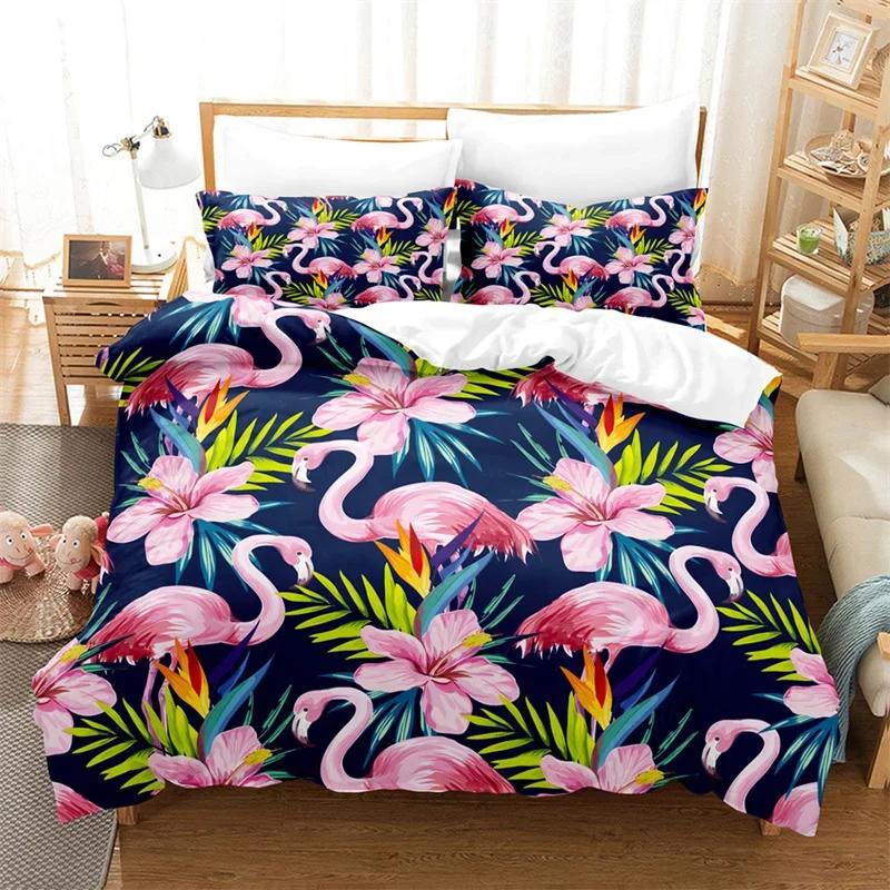 

Flamingo Soft Duvet Cover Microfiber Palm Leaves Flower Beding Set Hawaian Islplus Tropical Floral Comfortable Quilt Cover King For Young Girls Tens 135*200cm Eu-Single