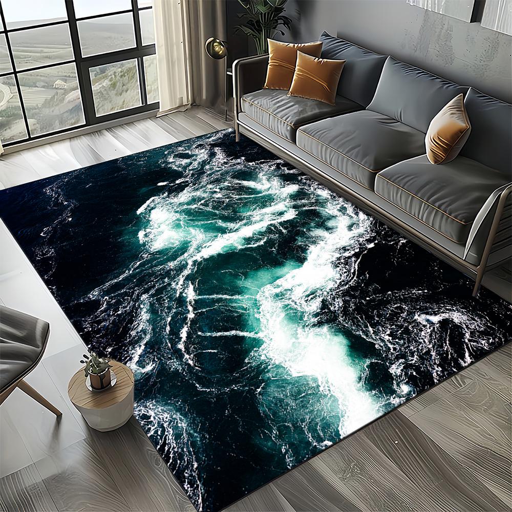 2025 New Style Blue Green Seawater Sea Wave Scenery Carpet Rug for Living Room Bedroom Home Sofa Decoration,Non-slip Floor Mat