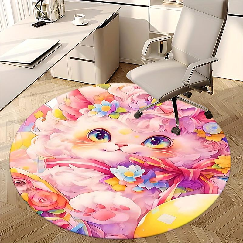 1pc Anime Design Flower Cat Round Carpet Office Chair Mat, Non Slip Rug for Home Decor, Living Room, Bedroom, Game Room, Festival Gift