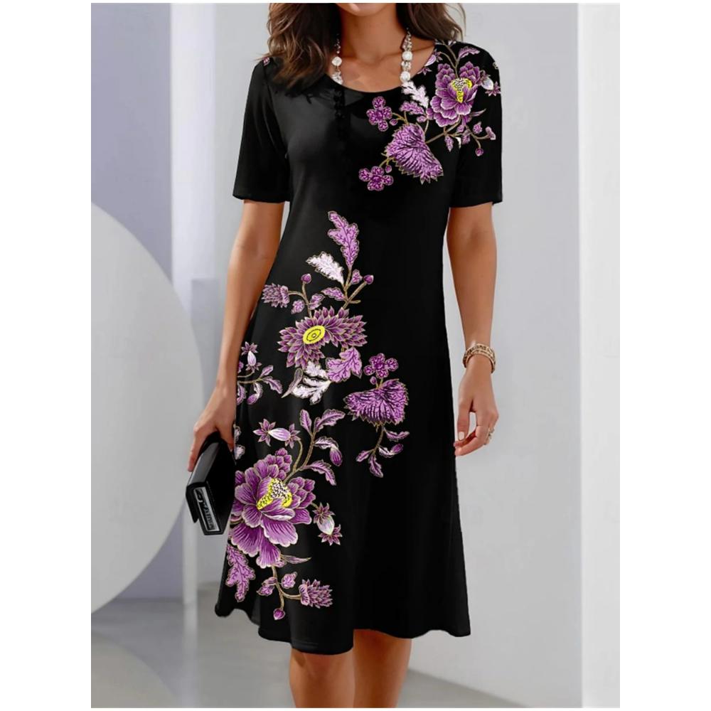 Color Conflict Women's Dress Short-sleeved Dress 3d Floral Print Party Street Wear Elegant Pullover Summer Casual Loose Dress
