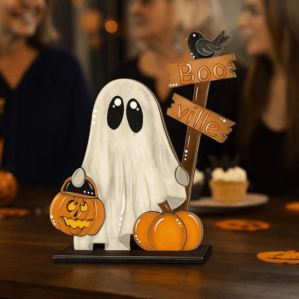 Wooden Pumpkin Ghost Ornament Ghost Pattern Handmade Halloween Pumpkin Ornament Funny Wooden Ghost Decoration Halloween Party