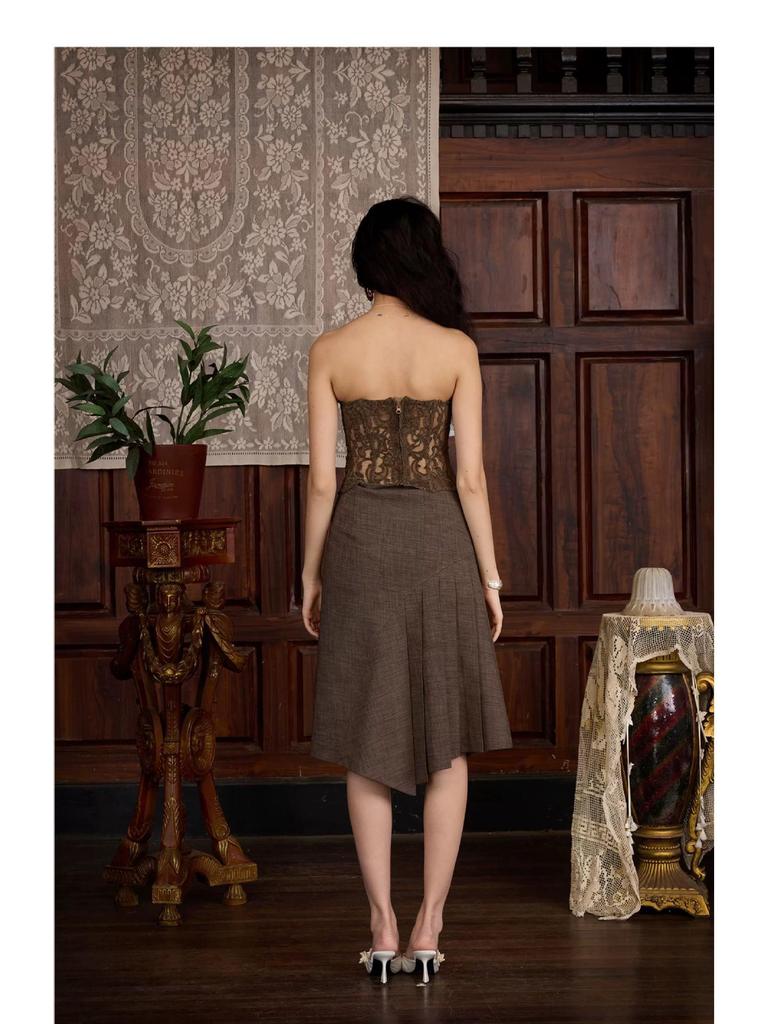 2025 Autumn/Winter Spicy Girl Lace Strapless Top & Irregular Skirt Set