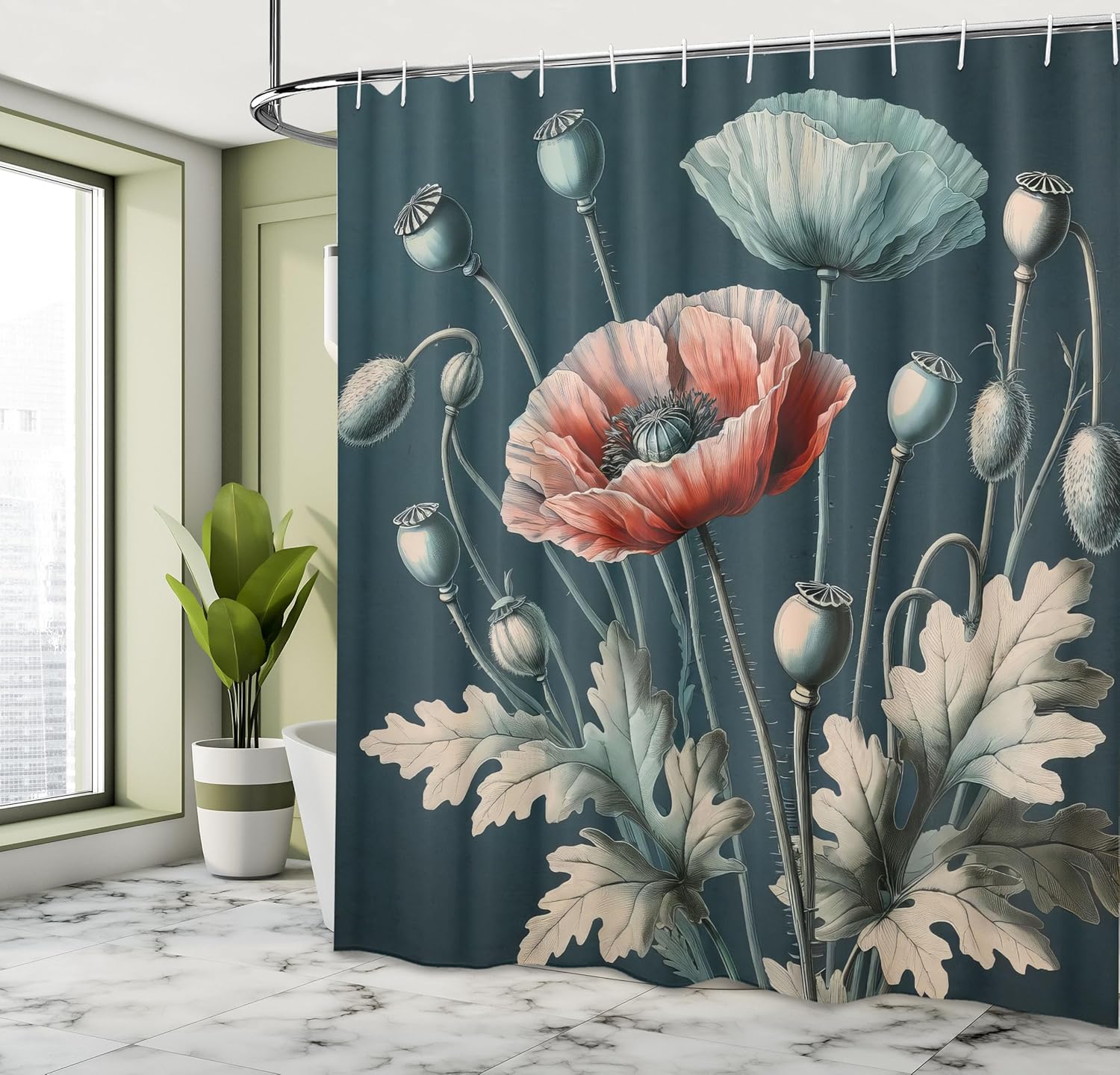 

Vintage Shower Curtain, Jungle Greenery Leaves Detail Blooming Poppy Flowers With Nostalgia Tones, Cloth Fabric Bathro W60H190(CM)-1 Pcs