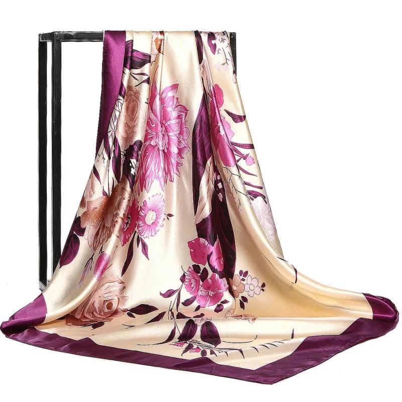 90*90Cm Satin Scarf For Women Cashew Flower Print Chain Scarf Spring And Summer  Style Shawl Scarf For Women   Style