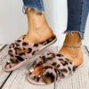 Fashion Leopard Print Fluffy Indoor Slippers for Women Open Toe Cross Strap Plush Slides Woman Winter Faux Fur Comfort House Slippers