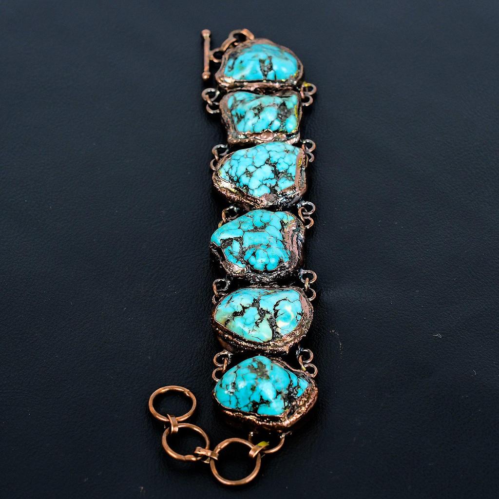 Turquoise Tumble Gemstone Copper Electroformed Jewelry, Handmade Jewelry Adjustable Chain Bracelet Gift For Love