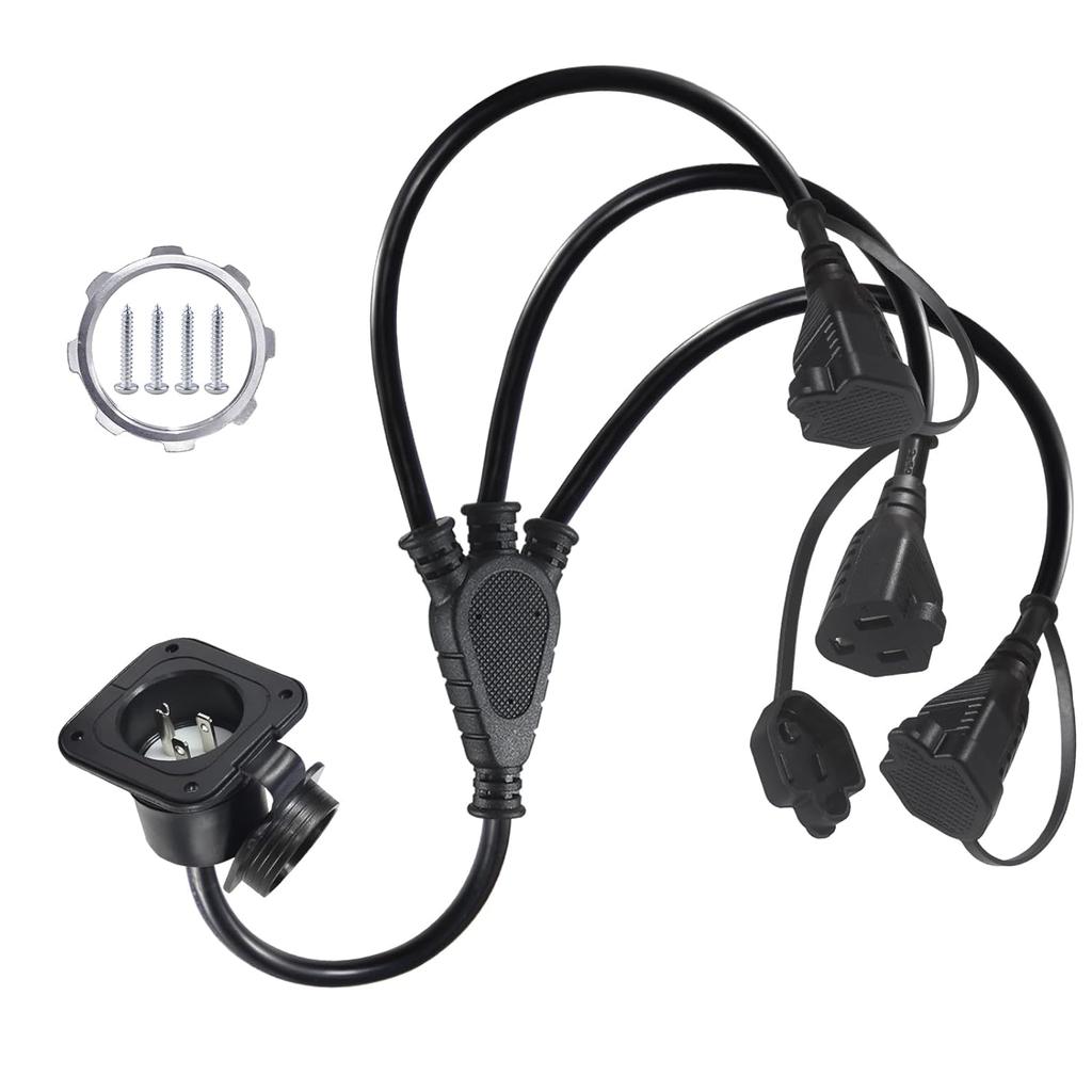 KUNCAN 15A AC Port Plug - 125V Power Inlet Socket With Triple 18 Inch Extension Cord, NEMA 5-15 Plug Flanged Inlet With Waterproof Cover Outdoor