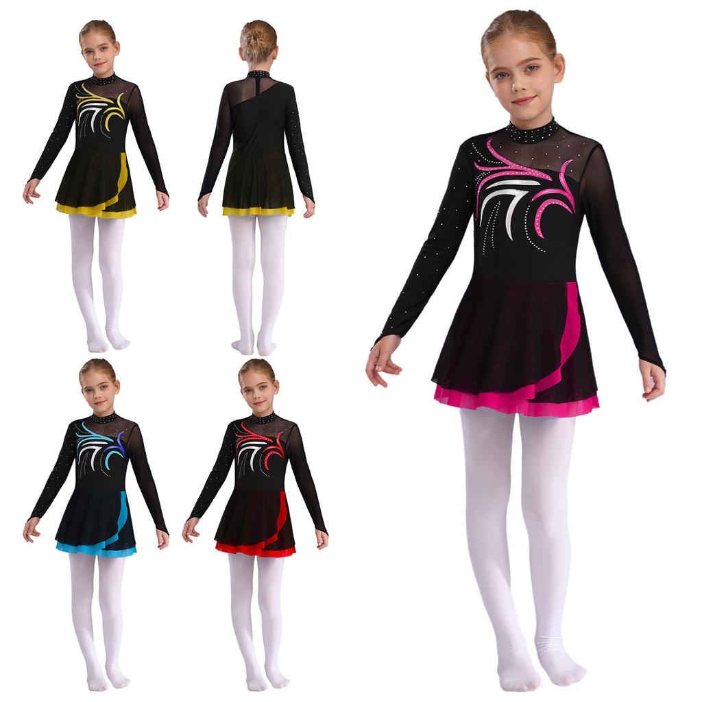 Girls Figure Skating Dress with Sparkly Rhinestones Sheer Mesh Patchwork Long Sleeve for Dance Performance
