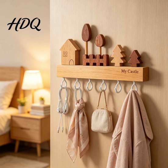 Entryway Key Storage Rack Wooden Holder with 6 Hooks Decorative Organizer No Drill Hook Rack Easy Wall Mount Installation Hanger for Home